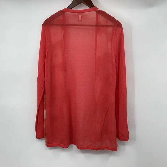 Chico's Cardigan Women Sz 2 Large Coral Orange Watercolor Chiffon Open Front - Picture 6 of 9